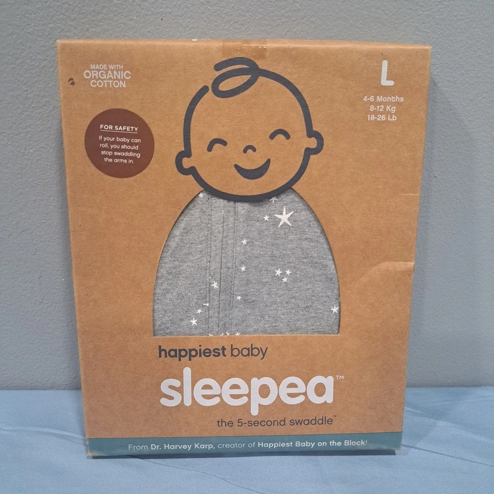 Happiest Baby Sleepea Swaddle L 4-6M Gray Star Organic Cotton Sleep Sack Newborn
